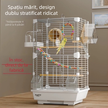 Cușcă pentru păsări din acril, design peisaj cu papagal, cușcă mare în stil vilă, motiv brodat cu ochi de bujor