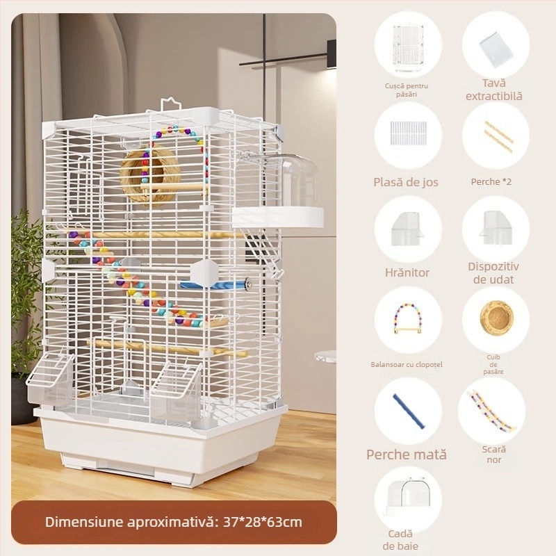 Cușcă pentru păsări din acril, design peisaj cu papagal, cușcă mare în stil vilă, motiv brodat cu ochi de bujor