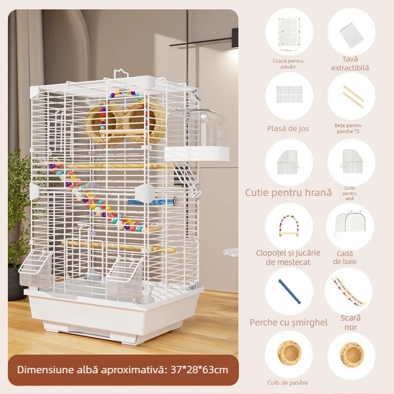 Cușcă pentru păsări din acril, design peisaj cu papagal, cușcă mare în stil vilă, motiv brodat cu ochi de bujor