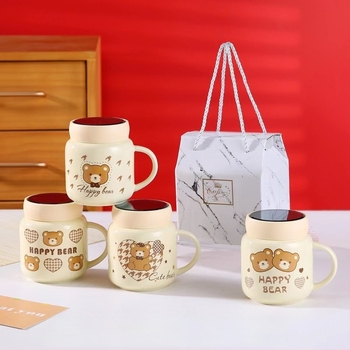 Cană ceramică pentru cafea cu capac, capacitate mare, galben lăptos, în cutie cadou