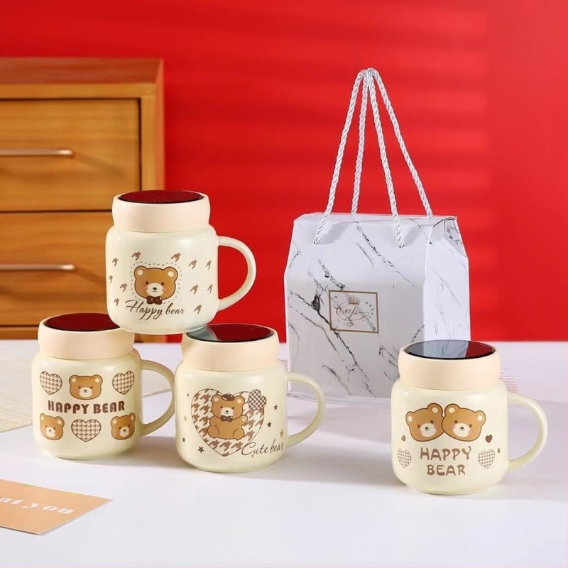 Cană ceramică pentru cafea cu capac, capacitate mare, galben lăptos, în cutie cadou