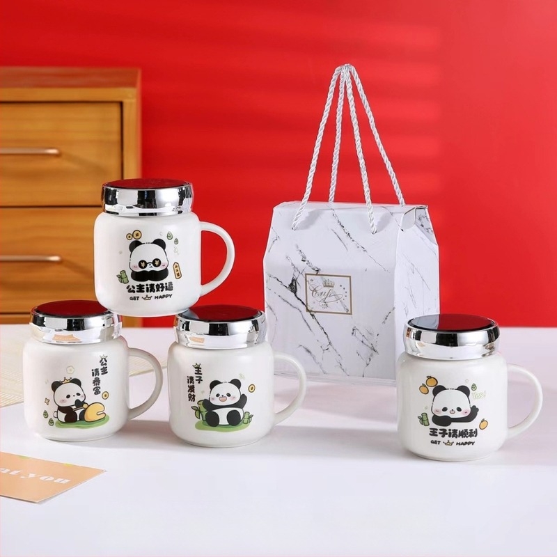Cană ceramică pentru cafea cu capac, capacitate mare, galben lăptos, în cutie cadou