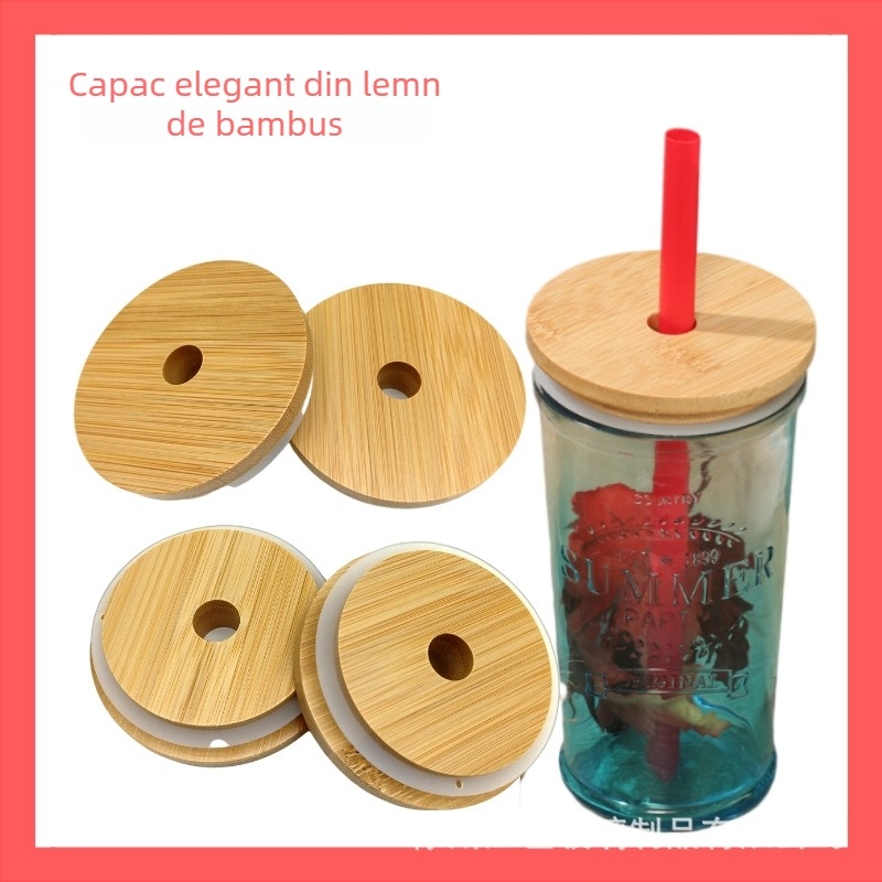 Cap Mason cu orificiu, capac din bambus pentru băuturi, capac pentru pahar cu pai, modele 70 și 86