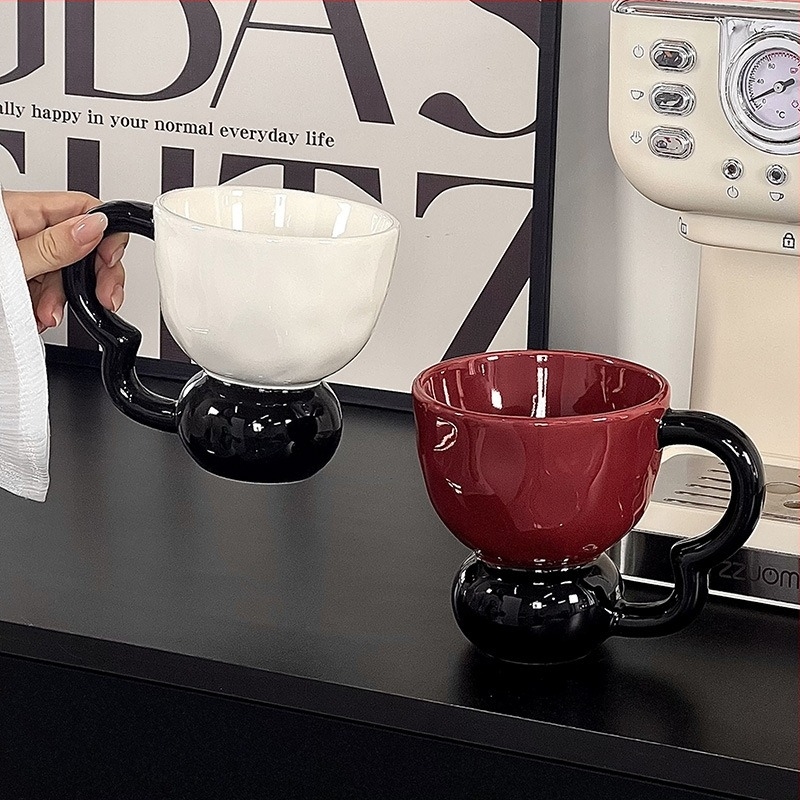 Ceașcă ceramică de tip B, cu culori în contrast și formă sferică, stil ușor lux, valoare estetică ridicată, pentru acasă, cămin și birou