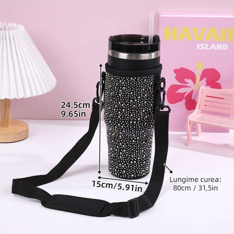 Husă izolatoare pentru pahar termic decorată cu diamante, 40oz, pentru mașină, anti-alunecare, protecție împotriva arsurilor