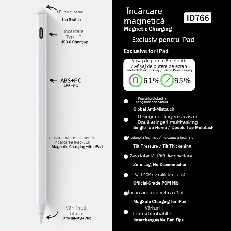 Stylus capacitiv magnetic cu afișaj de alimentare cu 3 LED pentru iPad — desen și scriere