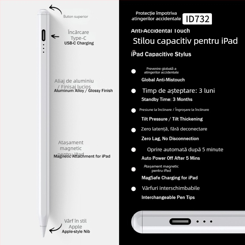 Stylus capacitiv magnetic cu afișaj de alimentare cu 3 LED pentru iPad — desen și scriere
