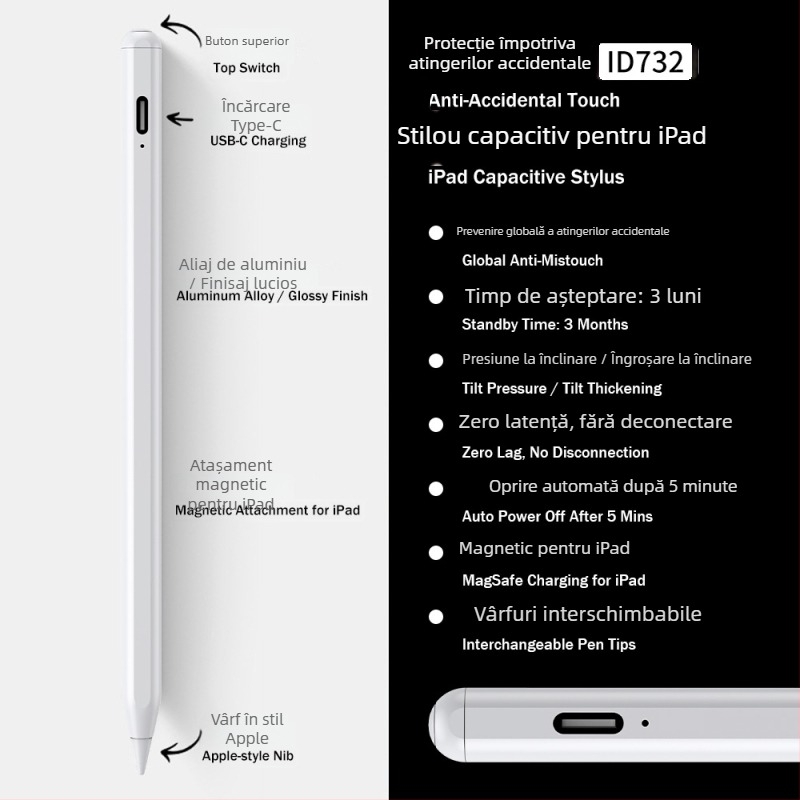 Stylus capacitiv magnetic cu afișaj de alimentare cu 3 LED pentru iPad — desen și scriere
