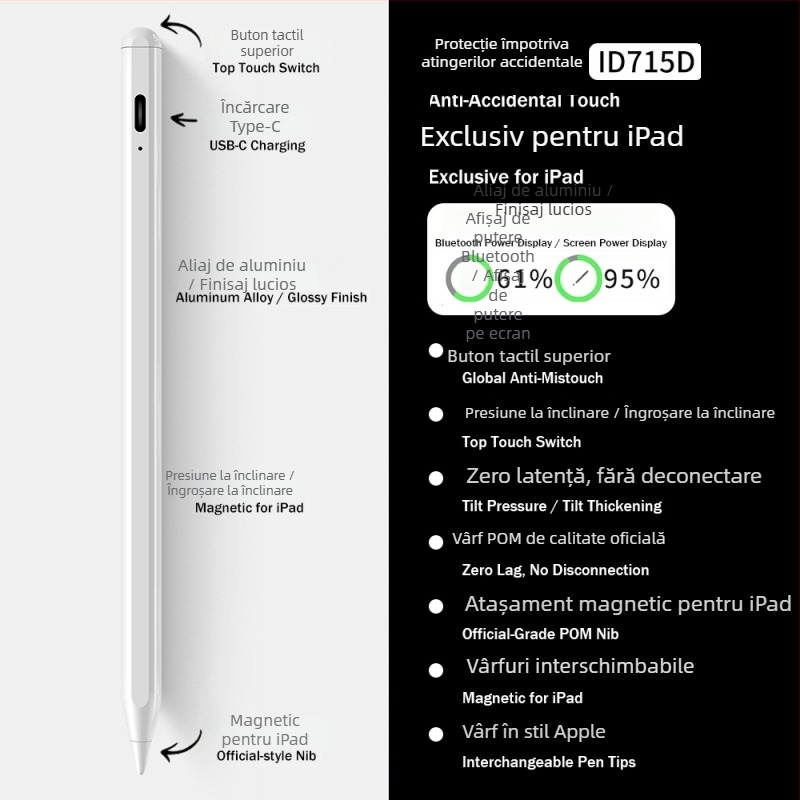 Stylus capacitiv magnetic cu afișaj de alimentare cu 3 LED pentru iPad — desen și scriere