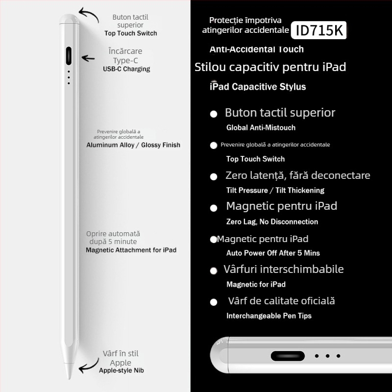 Stylus capacitiv magnetic cu afișaj de alimentare cu 3 LED pentru iPad — desen și scriere