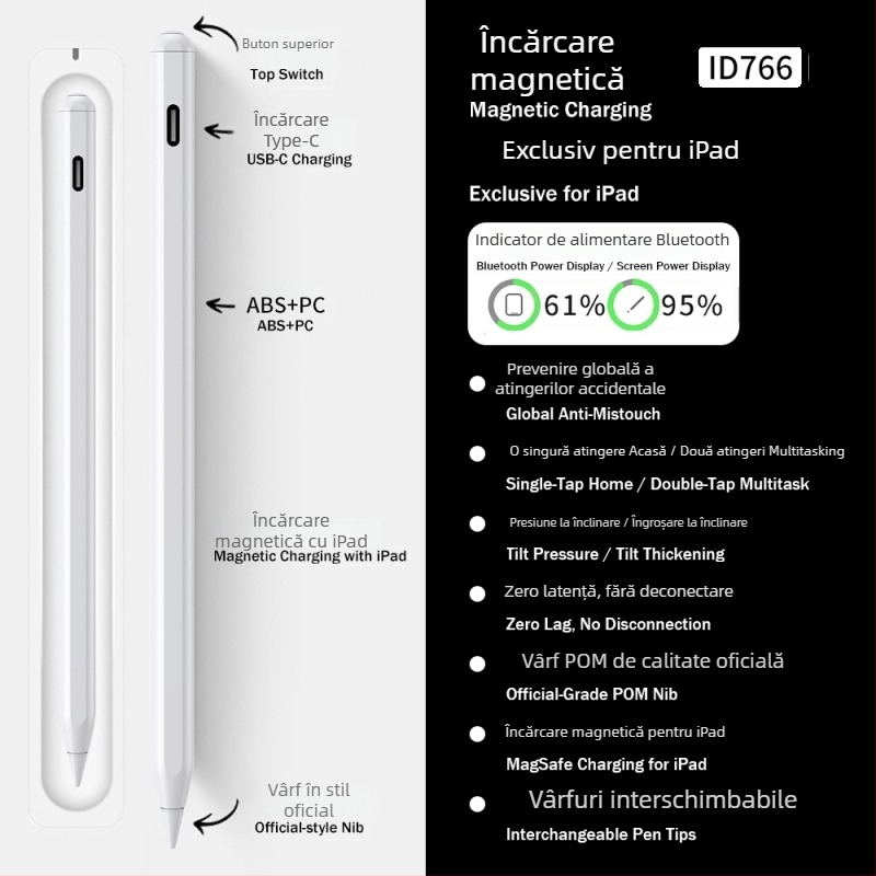 Stylus capacitiv magnetic cu afișaj de alimentare cu 3 LED pentru iPad — desen și scriere