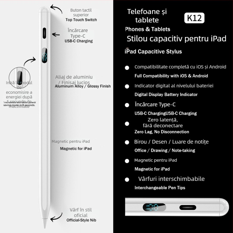 Stylus capacitiv magnetic cu afișaj de alimentare cu 3 LED pentru iPad — desen și scriere