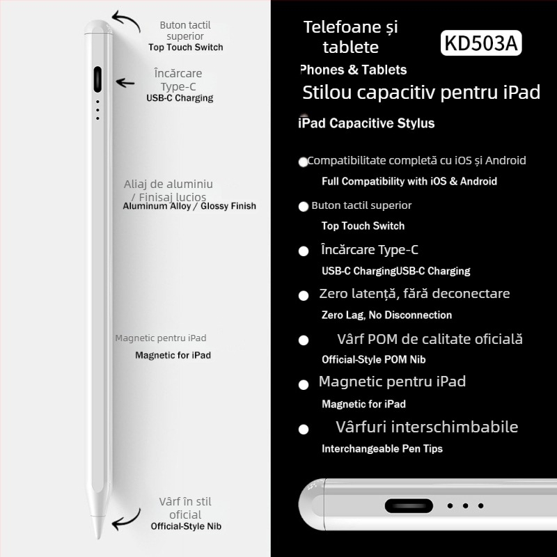 Stylus capacitiv magnetic cu afișaj de alimentare cu 3 LED pentru iPad — desen și scriere