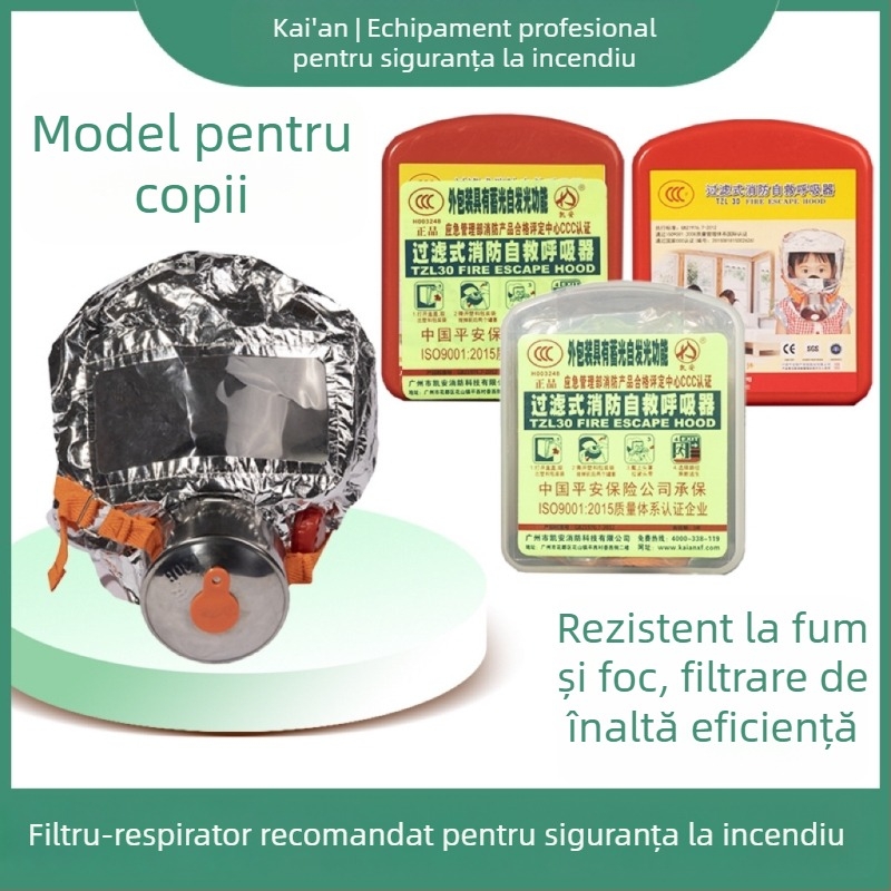 Kay Ann TZL30 Mască de gaze pentru copii, pentru evacuare în caz de incendiu, cu filtru și respirator de autosalvare