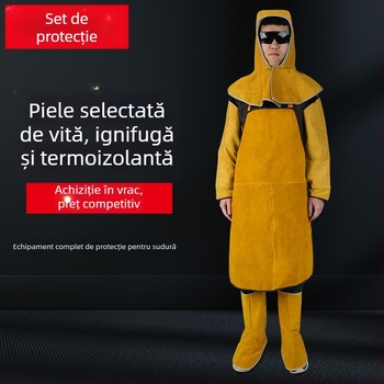 Echipament de protecție pentru sudură din piele de vacă: costum din piele cu izolație, rezistent la flăcări și uzură, cu șorț de sudură