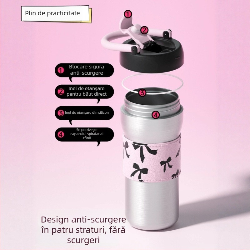 Cupa termică drăguță, din oțel inoxidabil 304, cu capacitate mare, ușor de purtat cu mâner, potrivită pentru cafea și apă