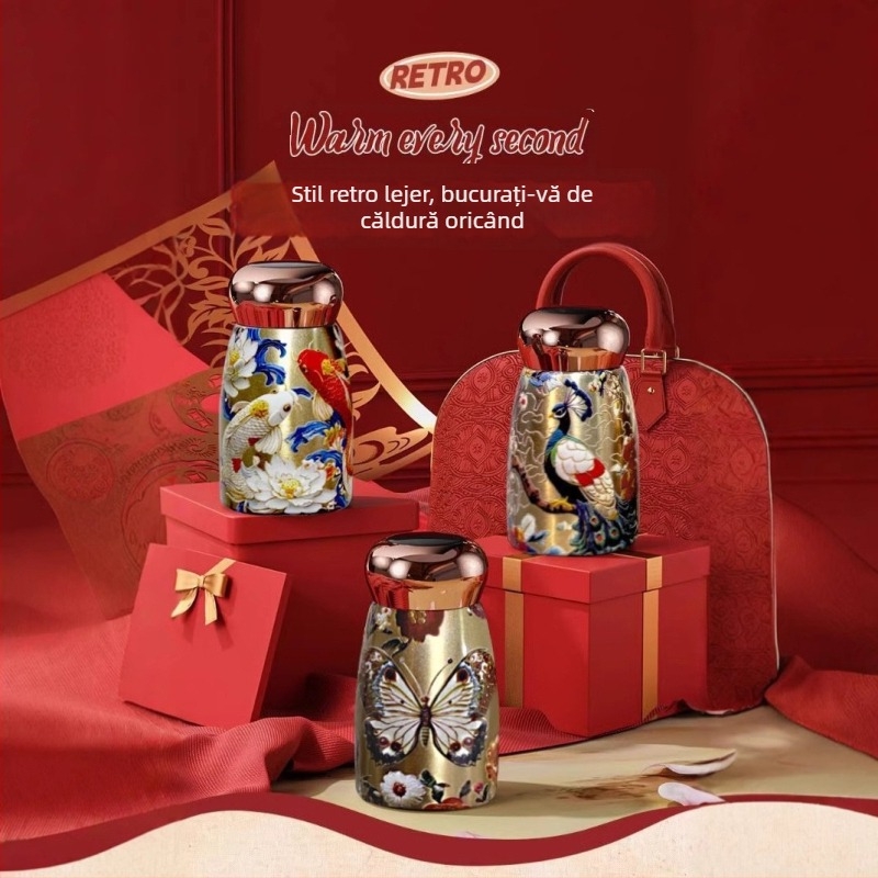 Termos mini cu afișaj de temperatură, în stil chinezesc, pentru femei, din oțel inox 316, pentru utilizare în aer liber și acasă