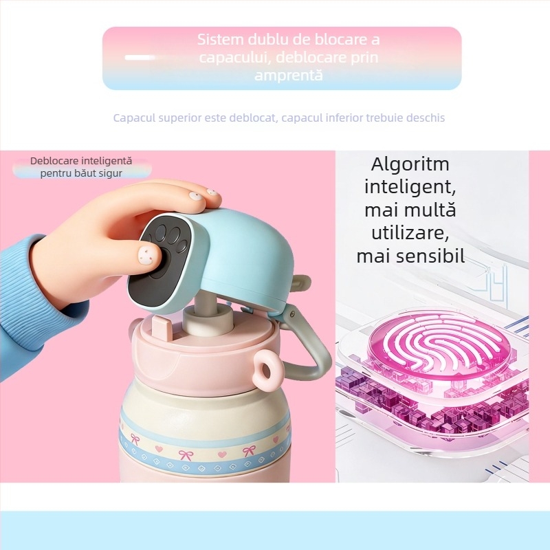 Termos pentru copii cu deblocare prin amprentă și parolă, capacitate mare, interior din oțel inoxidabil 316, exterior din oțel inoxidabil 304, cu pai
