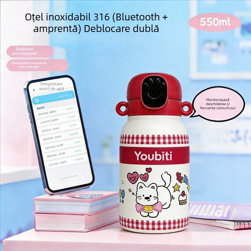 Termos pentru copii cu deblocare prin amprentă și parolă, capacitate mare, interior din oțel inoxidabil 316, exterior din oțel inoxidabil 304, cu pai
