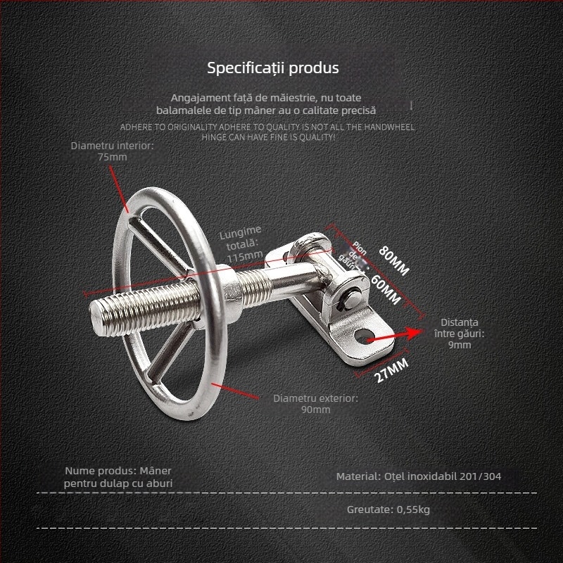 Mâner rotativ pentru cărucior de abur din oțel inoxidabil, mâner de presiune, robinet circular pentru cuptor, mâner metalic pentru abur