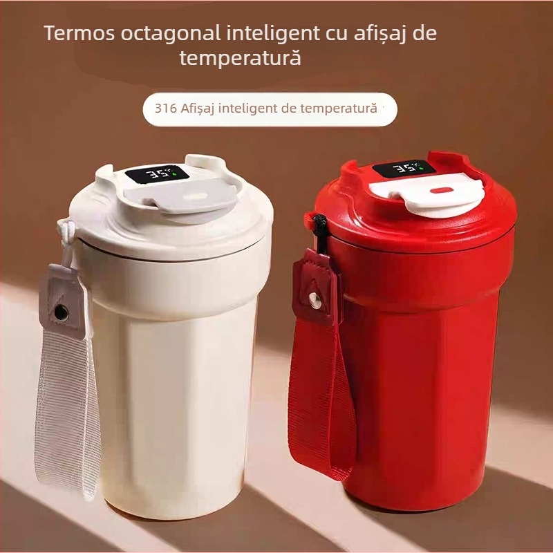 Ceșă de cafea octogonală cu măsurare inteligentă a temperaturii și afișaj, compartiment interior din oțel inoxidabil 316, termos izolat cu mâner de sfoară, cadou creativ