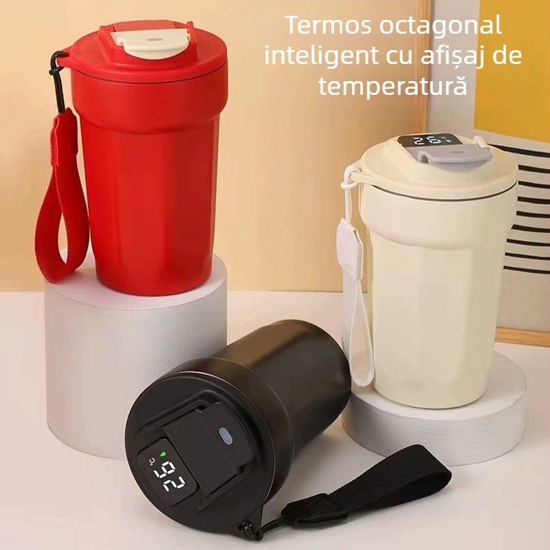 Ceșă de cafea octogonală cu măsurare inteligentă a temperaturii și afișaj, compartiment interior din oțel inoxidabil 316, termos izolat cu mâner de sfoară, cadou creativ