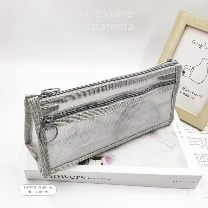 Penar din plasă triunghiular transparent, capacitate mare, dublu strat, pentru băieți, stil minimalist, rezistent la pete, rechizite