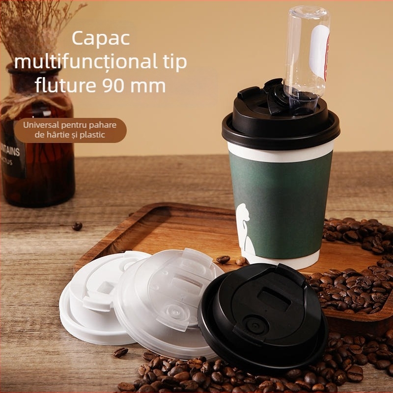 Ceșcuță de ceai cu lapte, de unică folosință, diametru 90 mm, capac turnat în formă de fluture, pentru pahar din carton de cafea, capac universal etanș pentru take-away