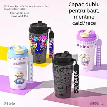 Cană de cafea portabilă din oțel inoxidabil 316, design desen animat, cu pai, izolație cu pereți dubli