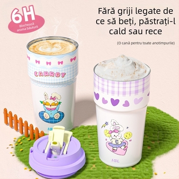 Cană de cafea portabilă din oțel inoxidabil 316, design desen animat, cu pai, izolație cu pereți dubli