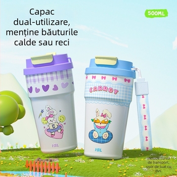 Cană de cafea portabilă din oțel inoxidabil 316, design desen animat, cu pai, izolație cu pereți dubli