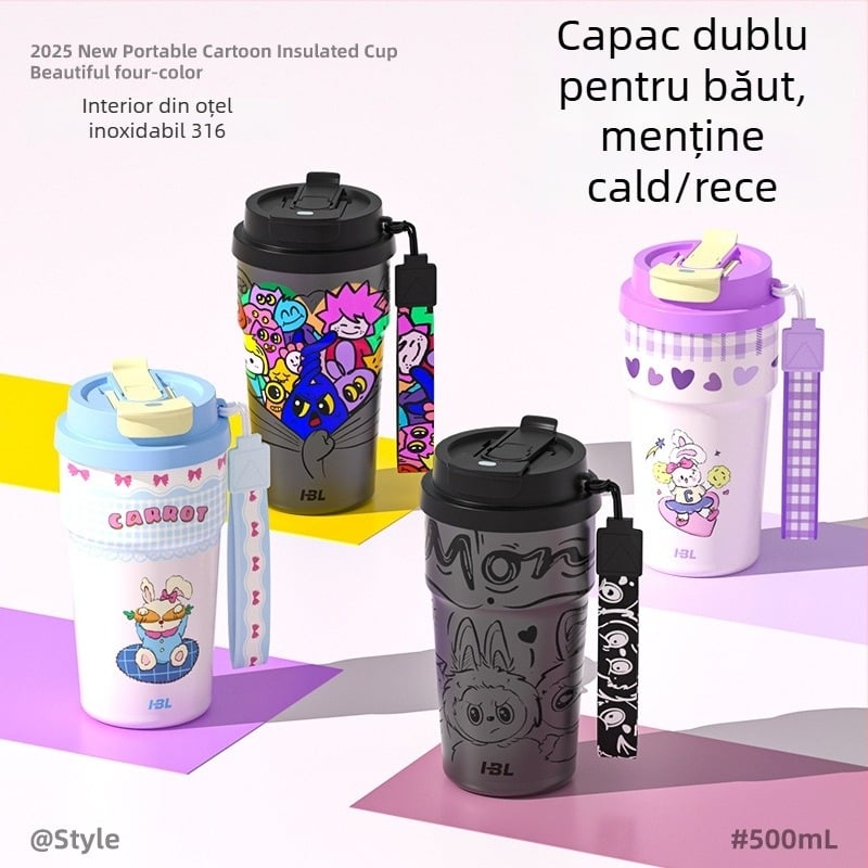 Cană de cafea portabilă din oțel inoxidabil 316, design desen animat, cu pai, izolație cu pereți dubli