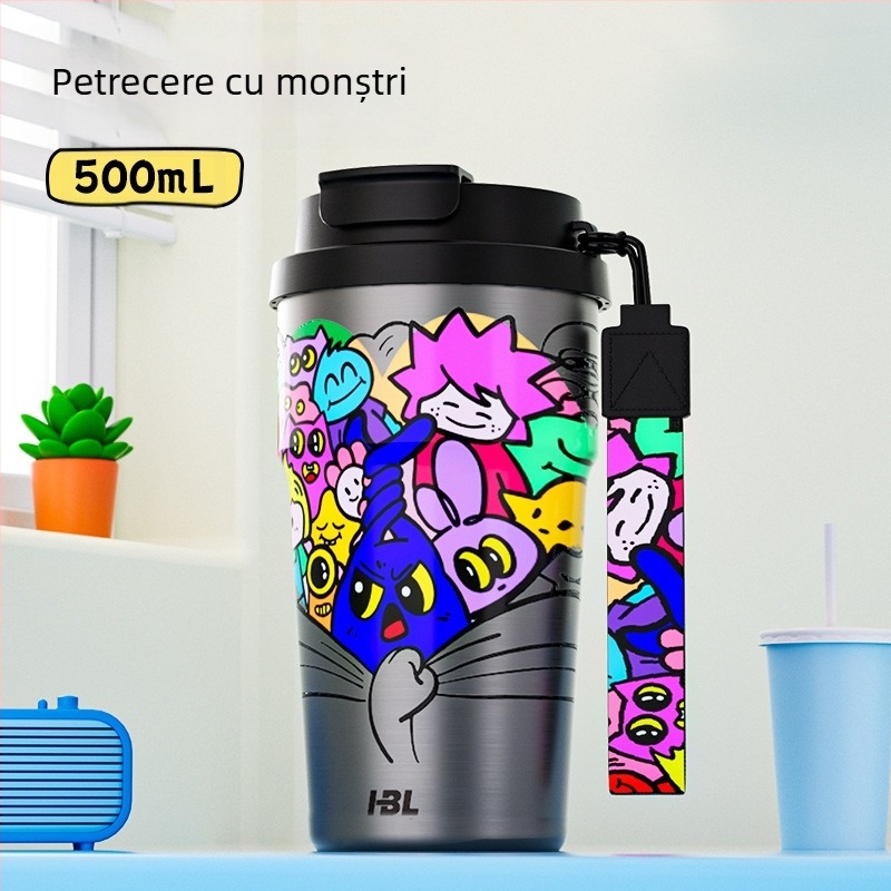 Cană de cafea portabilă din oțel inoxidabil 316, design desen animat, cu pai, izolație cu pereți dubli