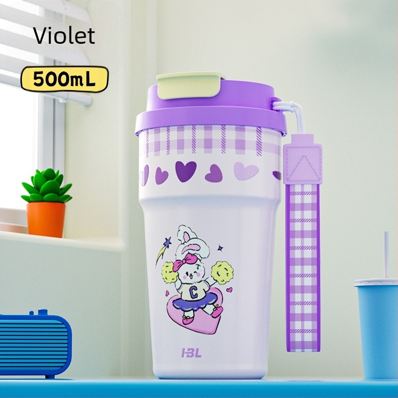 Cană de cafea portabilă din oțel inoxidabil 316, design desen animat, cu pai, izolație cu pereți dubli