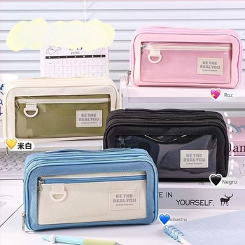Blue Fruit Penar Transparent cu Straturi Multiple, Capacitate Mare, Design Minimalist, Organizator pentru Materiale Școlare