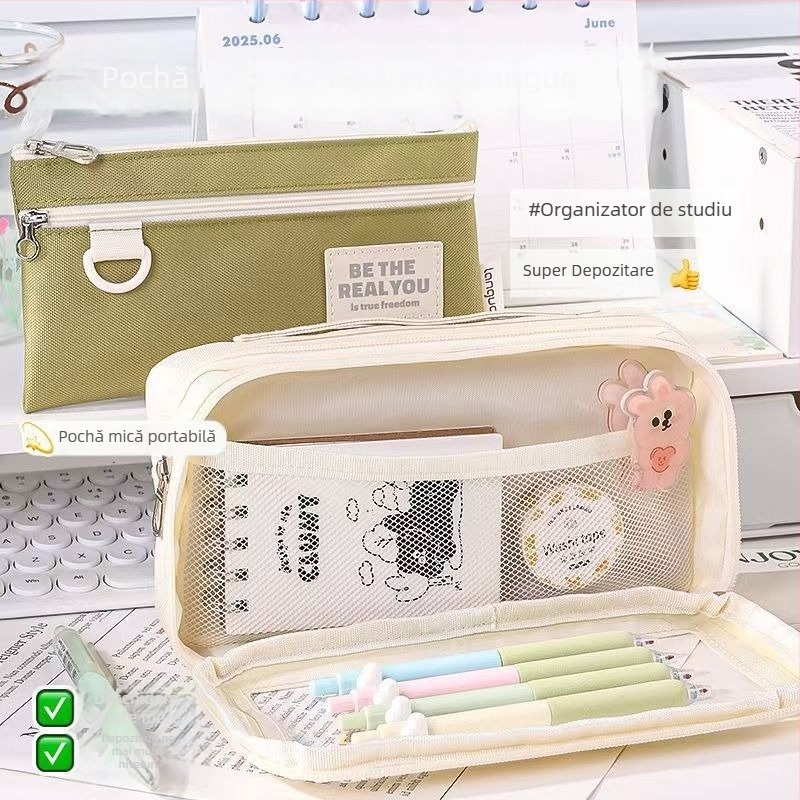 Blue Fruit Penar Transparent cu Straturi Multiple, Capacitate Mare, Design Minimalist, Organizator pentru Materiale Școlare