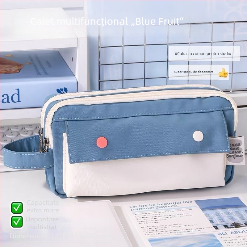 Blue Fruit Pen Case cu mai multe straturi, boabe colorate ca bomboane curcubeu, model vară 2025, pentru fete și băieți, rechizite școlare