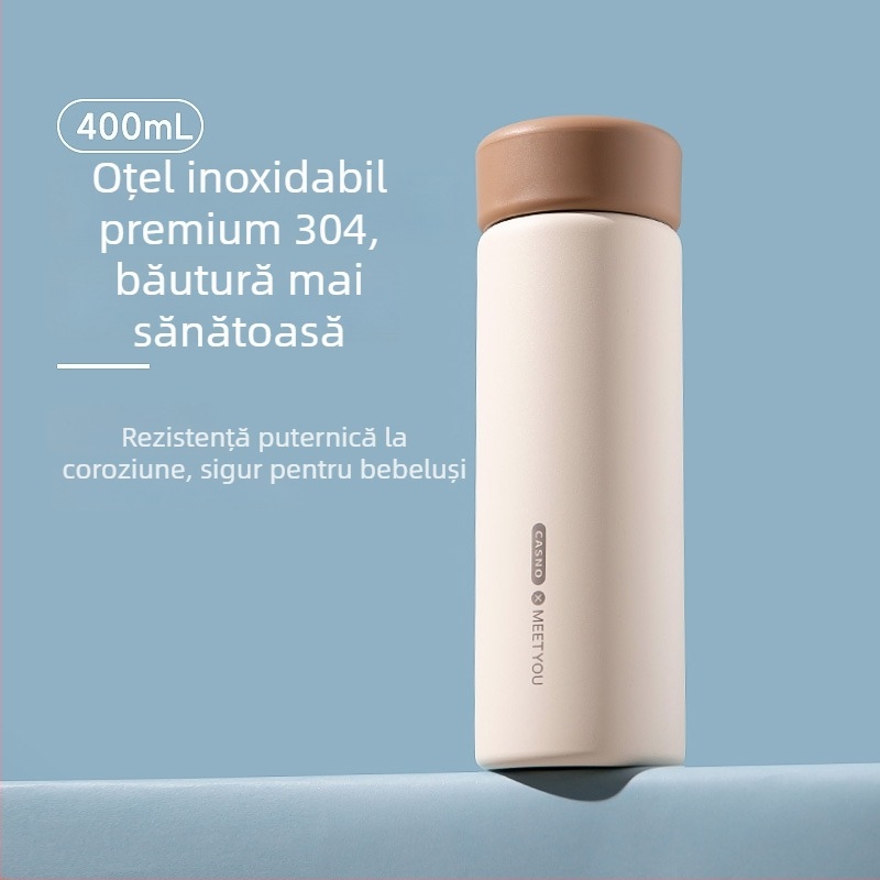 Cana izolată cu finisaj mat, interior din oțel inoxidabil 304, recipient portabil pentru ceai și apă cu compartiment pentru ceai