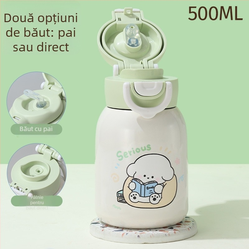 Cană termică din oțel inoxidabil 316, capacitate mare, portabilă, cu capac dublu pentru băut, stil desen animat