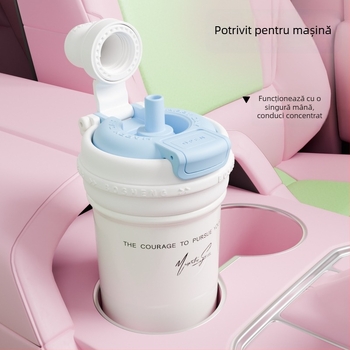 Termos minimalist din oțel inoxidabil 316 cu pai, pentru mașină, pahar dublu