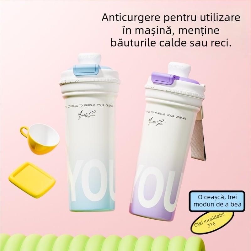 Termos minimalist din oțel inoxidabil 316 cu pai, pentru mașină, pahar dublu