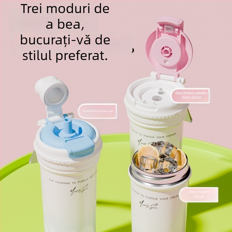 Termos minimalist din oțel inoxidabil 316 cu pai, pentru mașină, pahar dublu