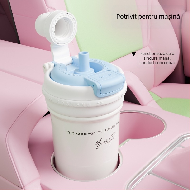 Termos minimalist din oțel inoxidabil 316 cu pai, pentru mașină, pahar dublu