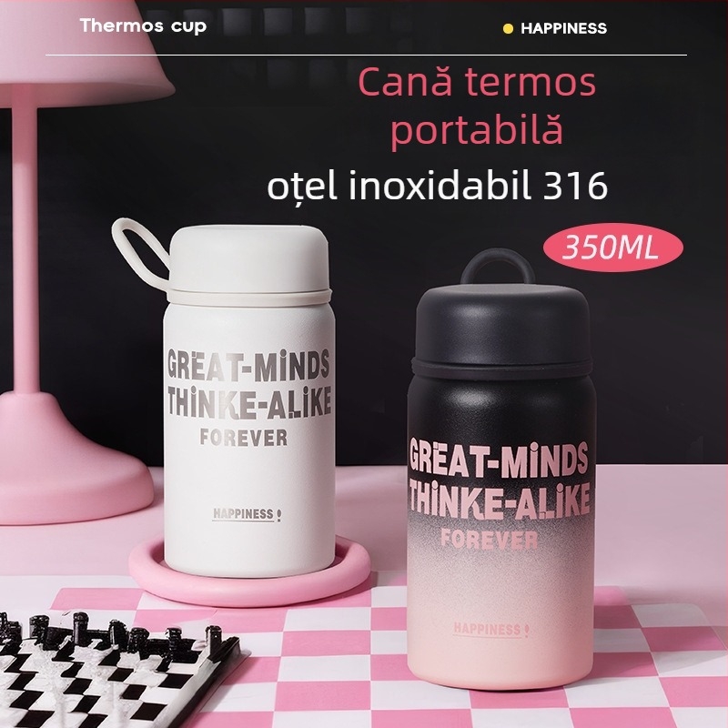 Termos mini din oțel inoxidabil 316 pentru copii, portabil, design drăguț, cu șnur de purtare, ceai și apă cu separare pentru elevi