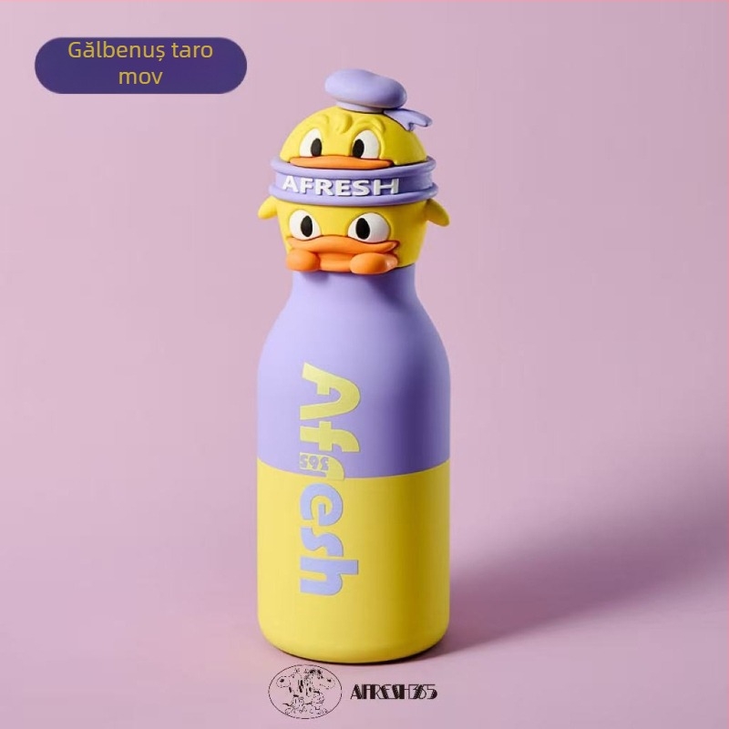 Cupe termice din oțel inoxidabil, două culori, rață desen animat drăguță, design creativ personalizat pentru apă de sport 450 ml, portabil