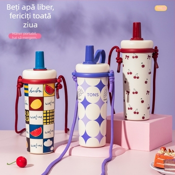 Termos din oțel inoxidabil 316, izolat, pentru femei, cu cordon de purtare, capacitate mare, pai