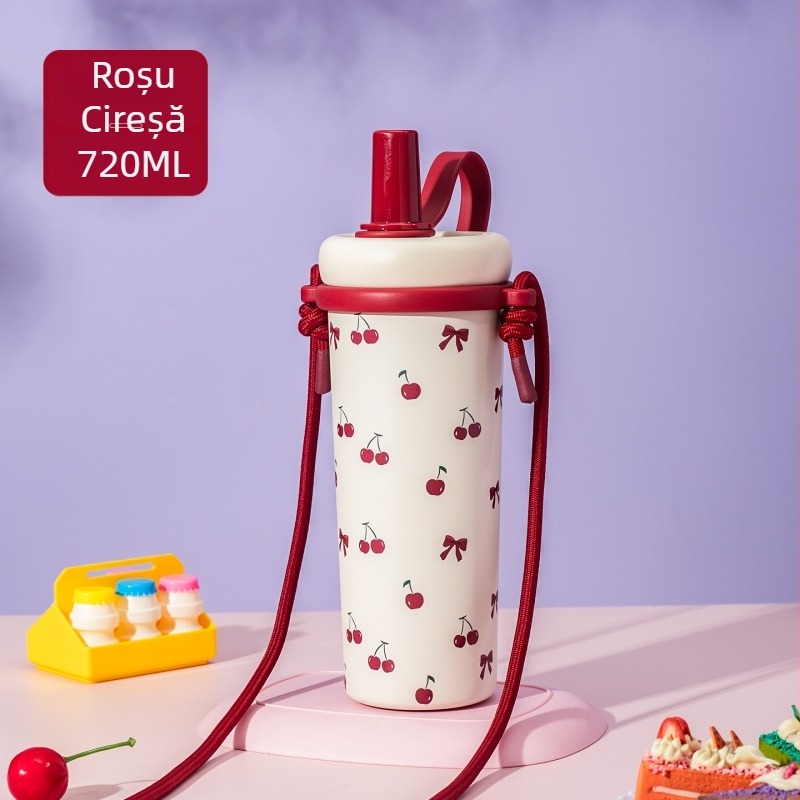 Termos din oțel inoxidabil 316, izolat, pentru femei, cu cordon de purtare, capacitate mare, pai