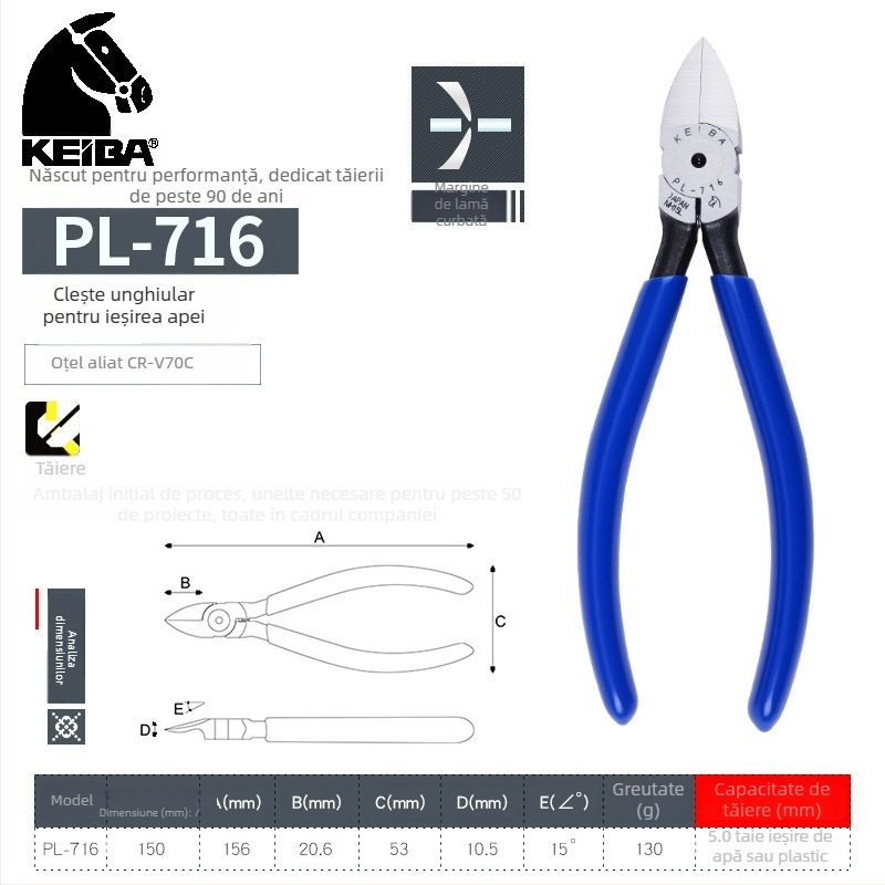KEIBA clește de 6 inci PL-726 cu fălci drepte și mâner din plastic MN-A05