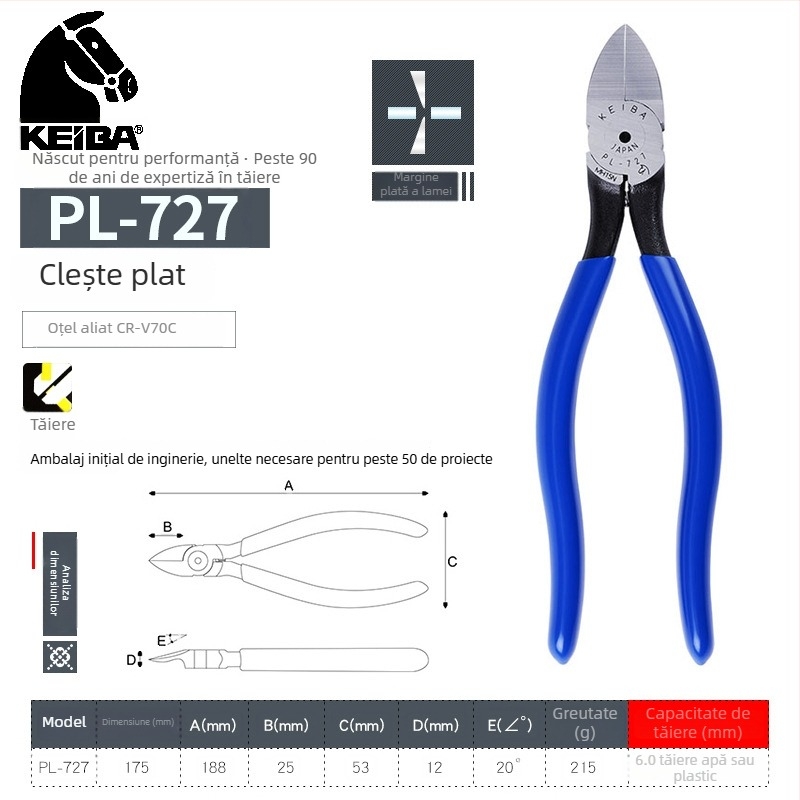 KEIBA clește de 6 inci PL-726 cu fălci drepte și mâner din plastic MN-A05