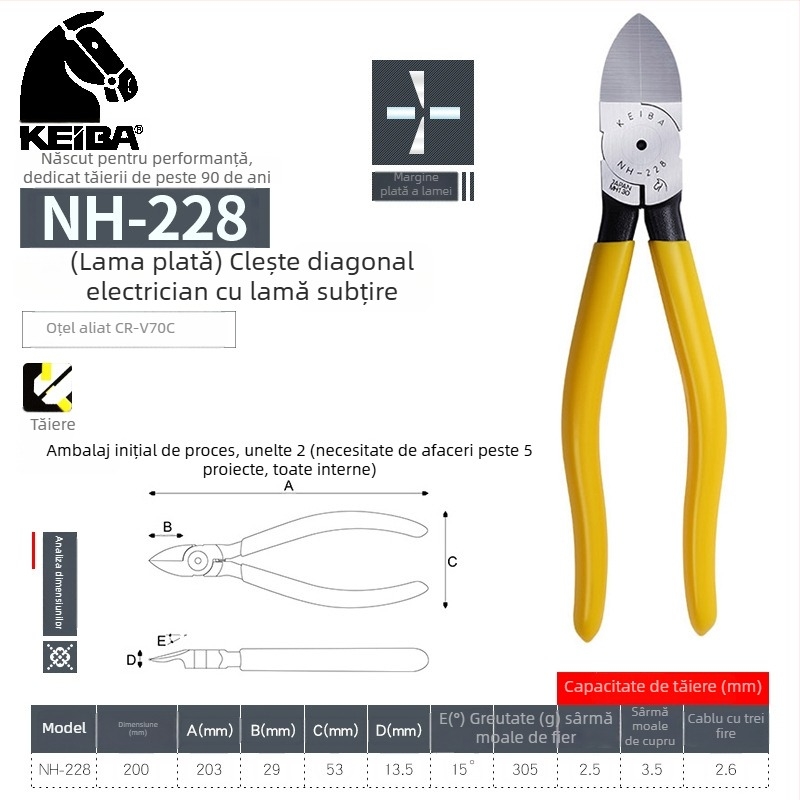 KEIBA clește de 6 inci PL-726 cu fălci drepte și mâner din plastic MN-A05